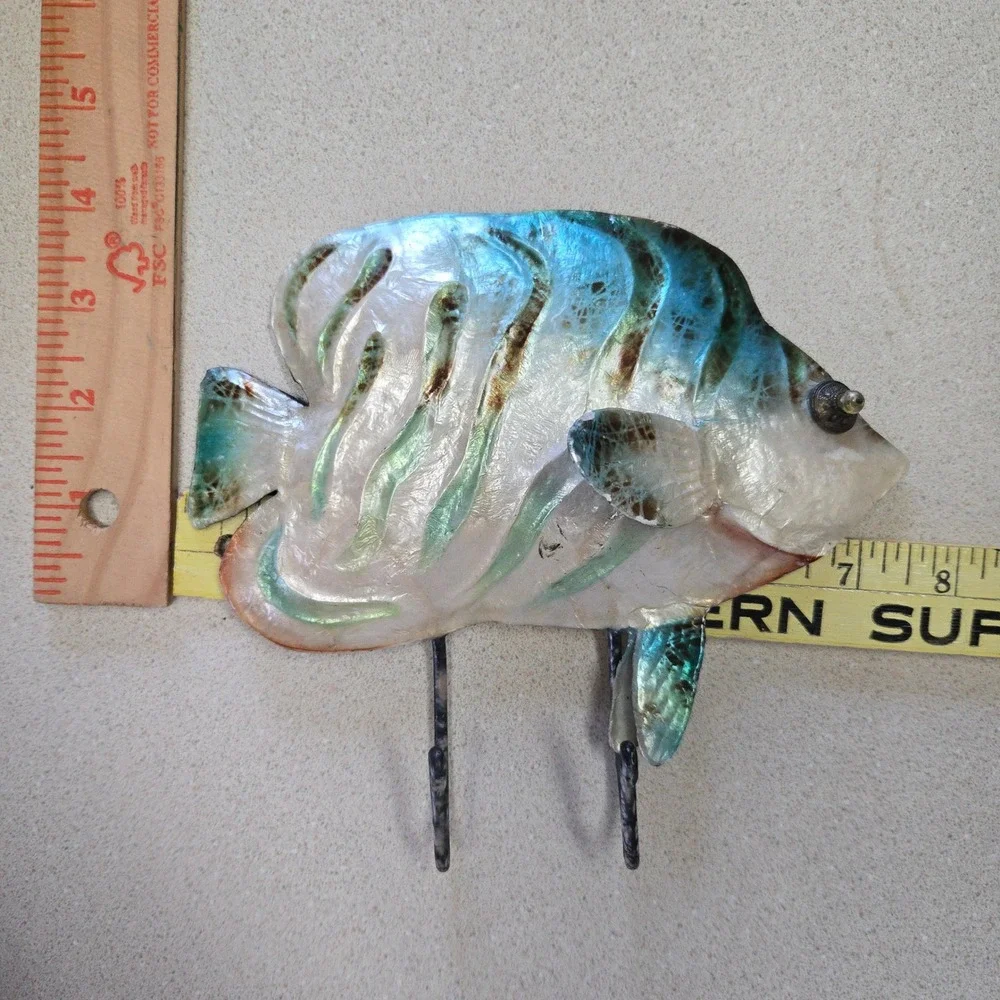 VTG Capiz Shell Angel Fish Wall Hook Iridescent Blue Green Tropical Beach Decor